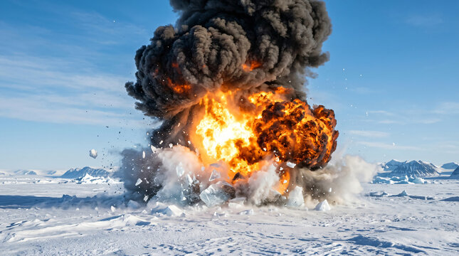A massive fiery explosion erupting on a desolate snowy arctic landscape.
