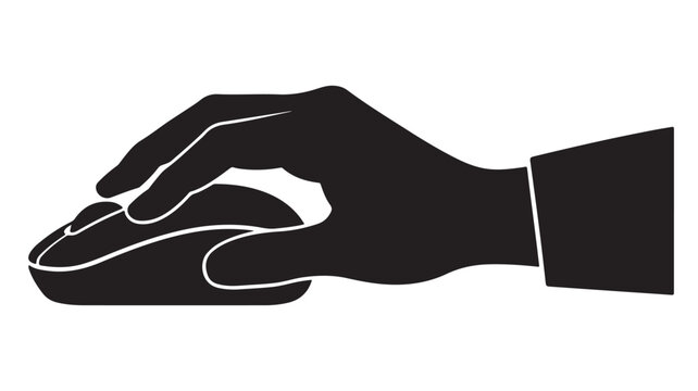Minimalist black and white vector graphic illustration depicting human hand using computer mouse for technology concept