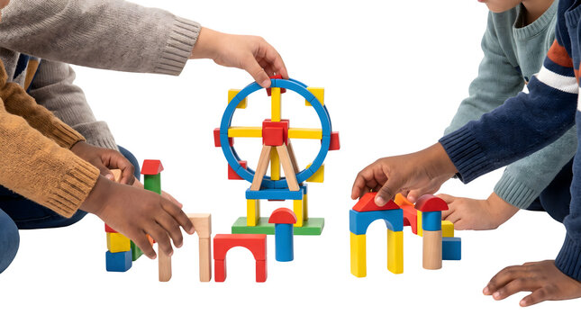 Colorful wooden blocks building toys, children playing with wood constructor set, early childhood education concept, kids hands building block ferris wheel