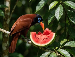 Obraz premium Montezuma Oropendola bird eats red watermelon slice on tree branch. Exotic tropical avian with black head, orange beak feeds in Costa Rica jungle. Colorful wild bird enjoys fruit snack in green