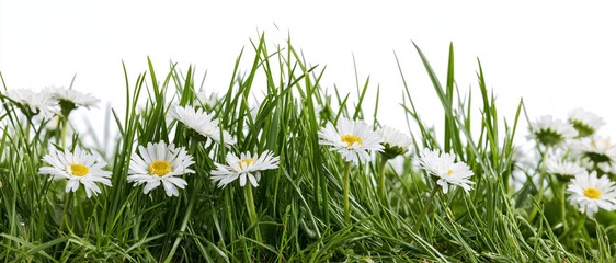 Fototapeta premium Strip of green grass with white daisies blooming along the edge, isolated on white