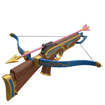 Luxurious ornate crossbow with a pink arrow and intricate golden detailing against a white background