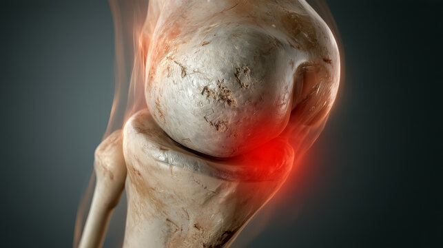 Knee joint affected by wear and inflammation seen in a close-up view