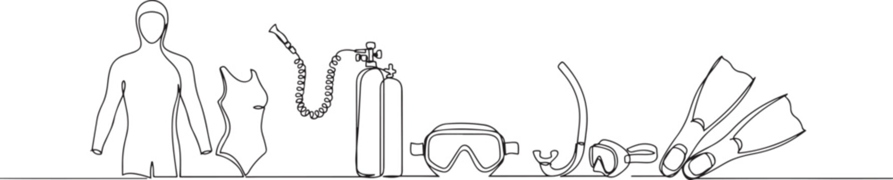 Single continuous line drawing of wetsuit, swimsuit, regulator, oxygen, mask, snorkel, goggle and fins. Underwater sport scuba diving equipment tools concept. one line Icon drawing