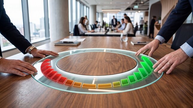 Business professionals analyzing financial market data trends using an interactive circular holographic projection display in a modern office