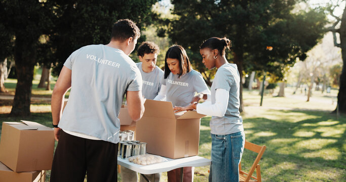 Volunteer, team and people outdoor with box for charity program, outreach and non profit event. Ngo, community and men with women with parcel for collection, donation and help for food drive in park