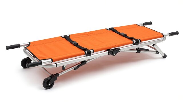 A foldable emergency stretcher featuring an orange padded surface isolated on a plain white background intended for professional medical applications and