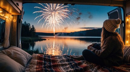 Obraz premium Young woman relaxes inside campervan bed watching bright fireworks over calm lake at twilight. Cozy van life interior with pillows, blanket. Festive celebration reflects in water during summer night