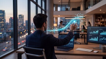 Fototapeta premium Professional business manager analyzing digital corporate data using advanced holographic technology interface inside a modern office space