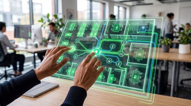 Hands interacting with a glowing digital holographic floor plan interface inside a modern professional office workspace environment