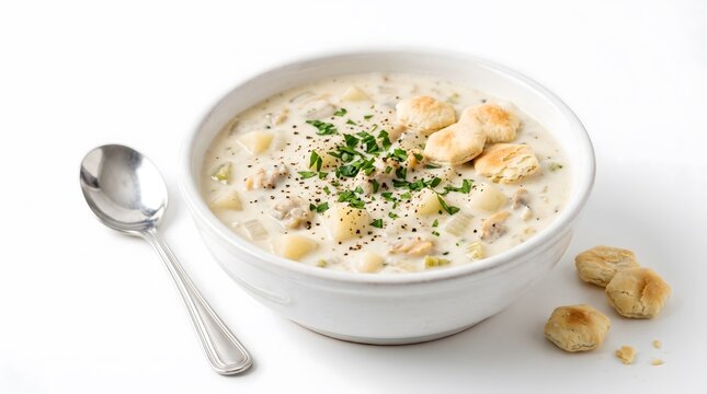 A steaming bowl of creamy New England clam chowder garnished with fresh parsley and black pepper, served with crispy oyster crackers on a clean white background.