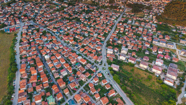 Aerial View of Ohrid Residential Neighborhood and Surrounding Hills