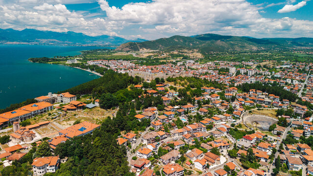 Aerial panorama of Ohrid beside Lake Ohrid in North Macedonia