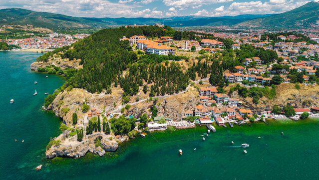 Aerial panorama of Ohrid peninsula and Lake Ohrid shoreline