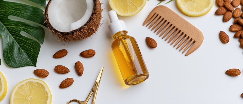 Glass dropper bottle with amber oil surrounded by coconut, lemon, almonds, wooden comb and monstera leaf on white surface