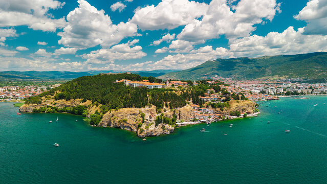 Ohrid North Macedonia Aerial View of the Wooded Peninsula and