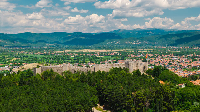 Aerial View of Ohrid Fortress and Mountain Valley