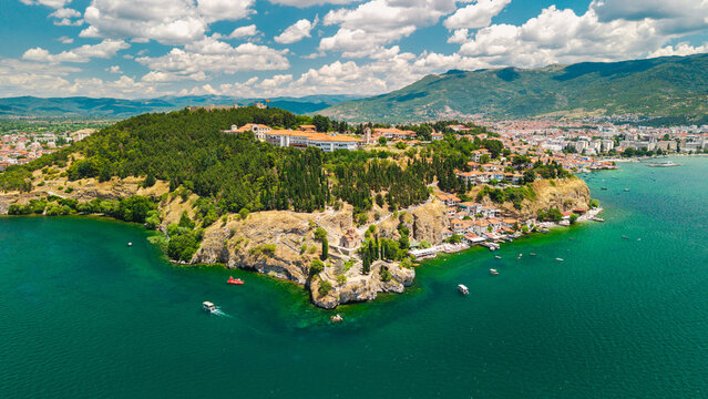 Aerial View of Ohrid Peninsula and Lakefront City in North Macedonia