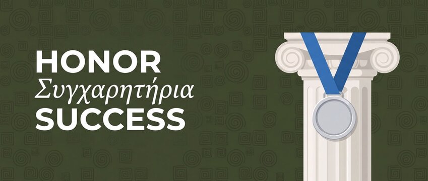 Silver medal honor success award on Greek ionic column with blue ribbon for victory achievement, academic excellence, competition recognition, classical greek meander pattern banner background