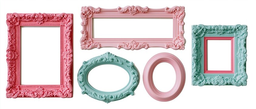 Six ornate baroque-style picture frames in pink and mint arranged on white background