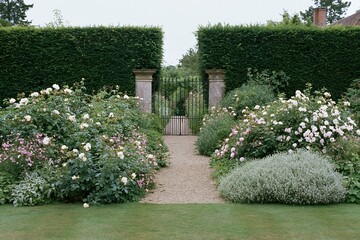 Obraz premium The Enchanting Garden Gate Framed by Rose Borders and Green Hedges