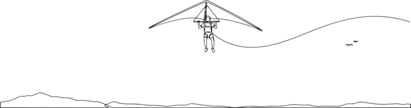 Single continuous line drawing of young tourist man flying with hang gliding parachute on the sky. Extreme vacation holiday sport concept. one line Icon drawing