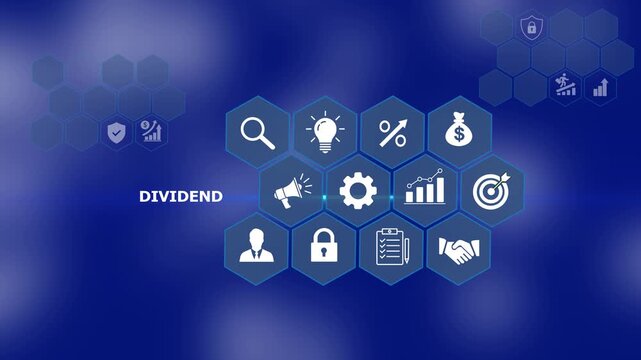 Dynamic digital dividend concept featuring interactive hexagonal infographic with business financial growth symbols, and corporate strategy for data visualization projects