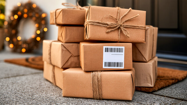 Christmas packages and online shopping gifts delivered for festive holiday celebrations season