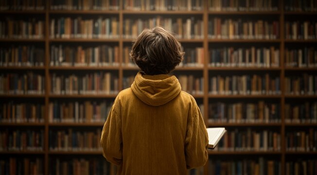 Person in Yellow Hoodie Reading Book in Library with Bookshelves