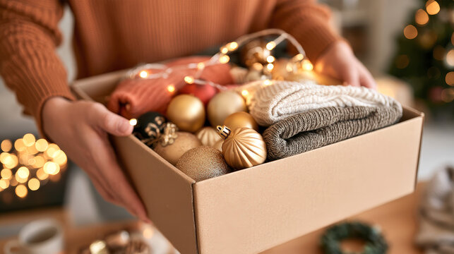 Christmas gift box filled with cozy clothing ornaments and festive decorations