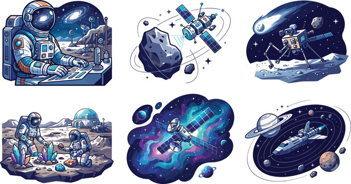Outer space exploration and cosmos characters set featuring astronauts satellites asteroid probes moon surface missions nebulas and spaceships vector illustration