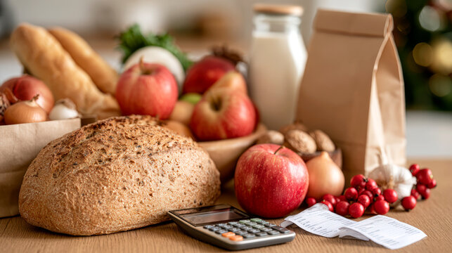 Christmas grocery shopping basket with food receipts calculator and seasonal household expenses