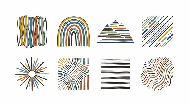 a flat vector illustration of eight boho abstract geometric line art shapes and landscape elements