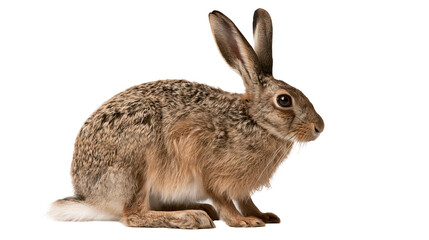 Brown European hare sitting in profile with long ears and textured fur © Sylas