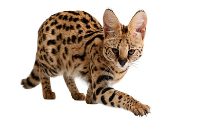 Spotted serval cat with large ears and golden fur walking forward © Sylas
