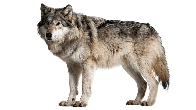 Full body side view of a standing grey wolf with thick fur and alert expression