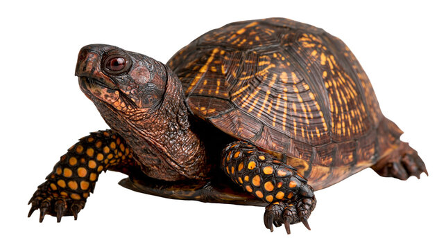 Eastern box turtle with dark brown shell and bright orange spotted skin pattern