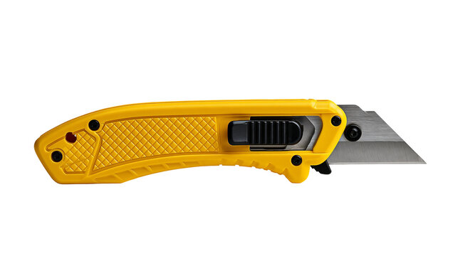 Yellow retractable utility knife with sharp steel blade and textured plastic grip