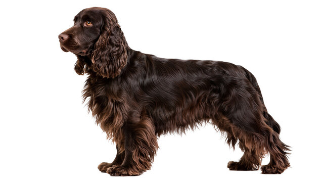 Dark brown English Cocker Spaniel dog standing in profile