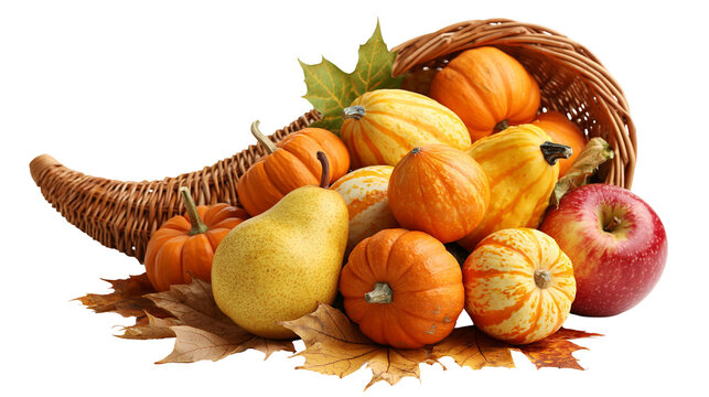 Woven wicker cornucopia filled with assorted pumpkins gourds pear, and apple