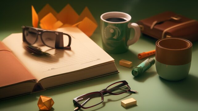 Cozy Reading Nook with Open Book, Glasses, and Coffee.