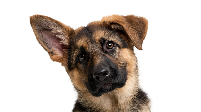 German Shepherd puppy with one ear up and one ear down looking at camera