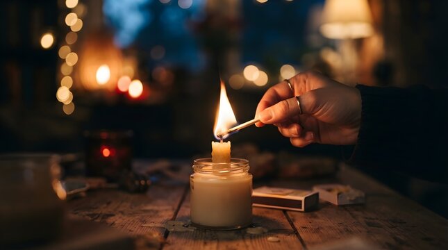 Hand Lighting a Candle with Bright Shining Flame and Blurry Lights. Warm Glow, Ignition, Celebration, Relaxation, Spirituality, Romance and Cozy Atmosphere