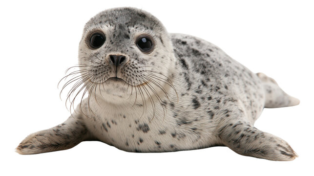 Cute spotted harbor seal pup with large dark eyes and whiskers