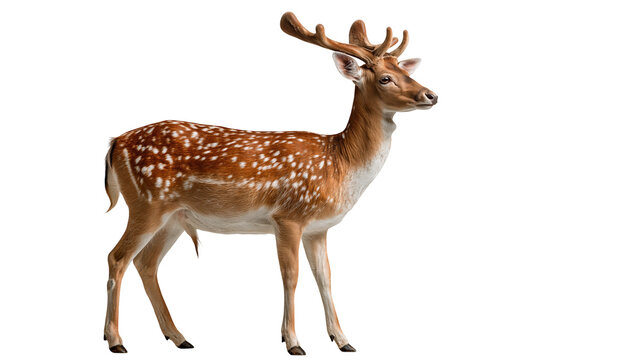 Spotted fallow deer buck with velvet antlers standing in profile