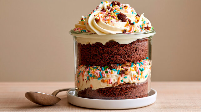 Chocolate cake layered with cream and colorful sprinkles in glass jar topped with whipped frosting