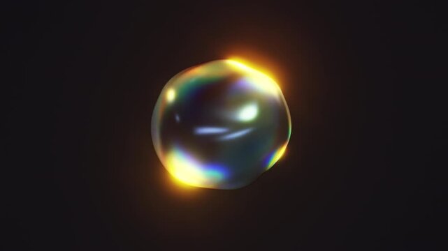 Looping 4K 3D render of a smooth transparent glass sphere with rainbow iridescence, neon glow, refraction and colorful dispersion on a dark background.