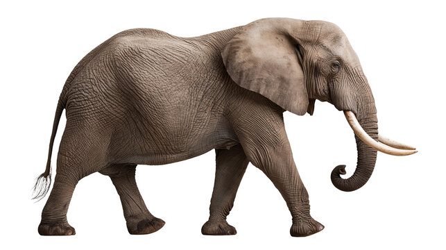 Large African elephant with wrinkled grey skin and long ivory tusks walking