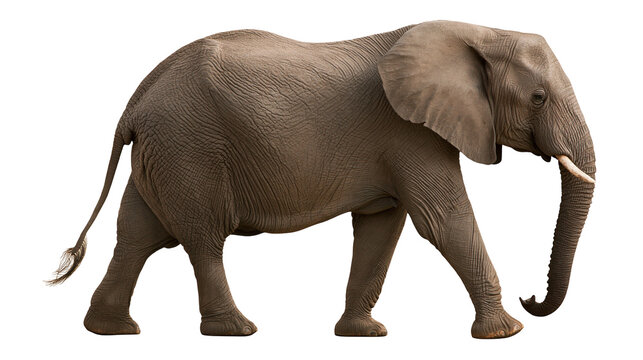 Large African elephant with wrinkled grey skin and ivory tusks walking sideways