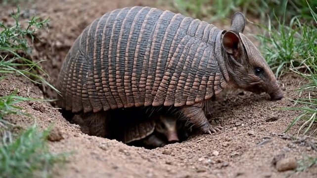 Wild armadillo exploring a burrow in the dirt ground outdoors